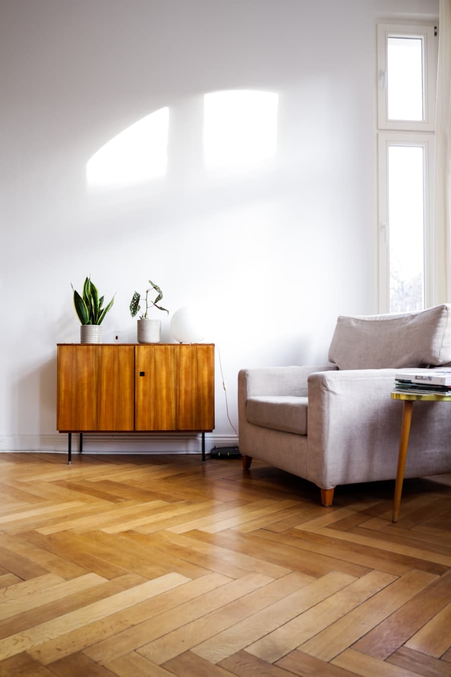 Herringbone timber floor freshly installed in a bright room